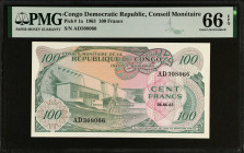 CONGO DEMOCRATIC REPUBLIC. Conseil Monetaire de la Republique du Congo Institut d'Emission. 100 Francs, 1963. P-1a. PMG Gem Uncirculated 66 EPQ.
Esti...