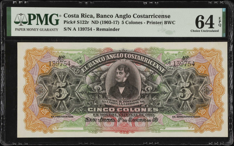 COSTA RICA. El Banco Anglo Costarricense. 5 Colones, ND (1903-17). P-S122r. Rema...