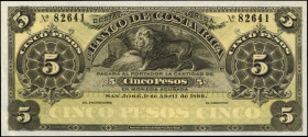 COSTA RICA. Banco de Costa Rica. 5 Pesos, 1899. P-S163r. Remainder. Uncirculated.
Remainder with a Lion pictured at center.
From the Ricardo Collect...