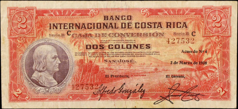 COSTA RICA. Banco Internacional de Costa Rica. 2 Colones, 1938. P-195c. Fine.
R...