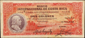 COSTA RICA. Banco Internacional de Costa Rica. 2 Colones, 1938. P-195c. Fine.
Rare type.
Estimate $100.00 - $200.00