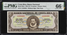 COSTA RICA. Banco Nacional de Costa Rica. 2 Colones, 1941-44. P-201a. PMG Gem Uncirculated 66 EPQ.
Estimate $200.00 - $300.00