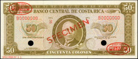 COSTA RICA. Banco Central de Costa Rica. 50 Colones, 1965-70. P-232s. Specimen. Uncirculated.
Dual punch cancellations with red specimen overprints....