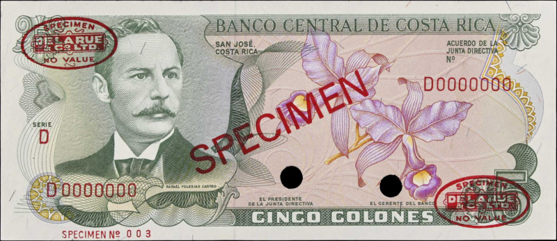 COSTA RICA. Banco Central de Costa Rica. 5 Colones, 1968-92. P-236s. Specimen. U...