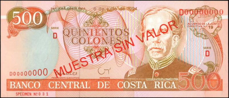 COSTA RICA. Banco Central de Costa Rica. 500 Colones, 1994. P-262s. Specimen. Un...