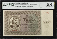 CROATIA. State Bank. 5000 Kuna, 1943. P-14a. PMG Choice About Uncirculated 58 EPQ.
Estimate $100.00 - $200.00