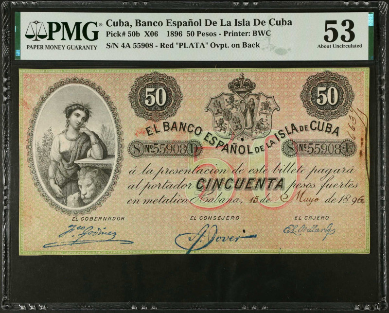 CUBA. El Banco Espanol de la Isla de Cuba. 50 Pesos, 1896. P-50b. PMG About Unci...