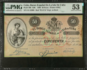 CUBA. El Banco Espanol de la Isla de Cuba. 50 Pesos, 1896. P-50b. PMG About Uncirculated 53.
PMG comments "Small Holes".
Estimate $300.00 - $500.00