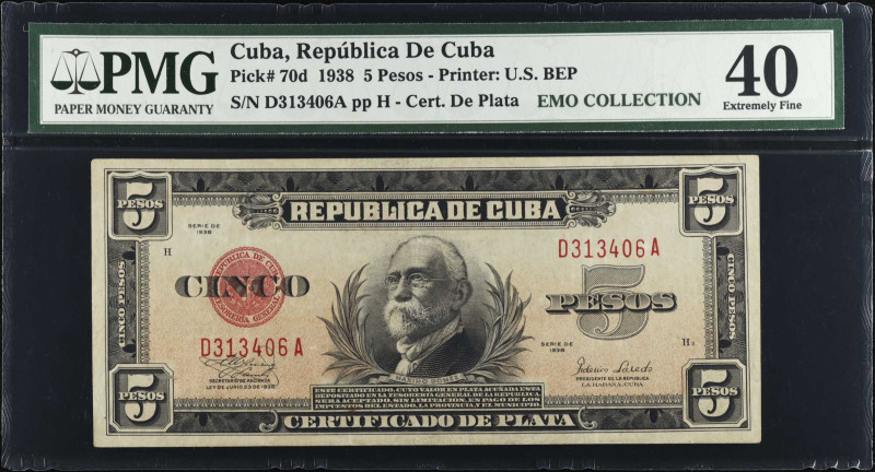 CUBA. Republica de Cuba. 5 Pesos, 1938. P-70d. PMG Extremely Fine 40.
Estimate ...