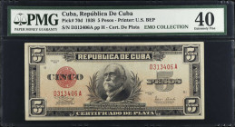 CUBA. Republica de Cuba. 5 Pesos, 1938. P-70d. PMG Extremely Fine 40.
Estimate $200.00 - $400.00