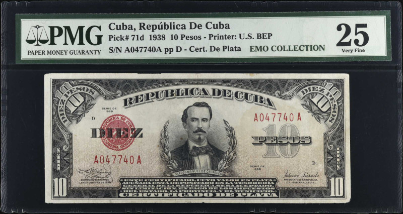 CUBA. Republica de Cuba. 10 Pesos, 1938. P-71d. PMG Very Fine 25.
Estimate $100...