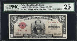 CUBA. Republica de Cuba. 10 Pesos, 1938. P-71d. PMG Very Fine 25.
Estimate $100.00 - $200.00