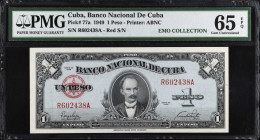 CUBA. Lot of (3). Banco Nacional de Cuba. 1 Peso, 1949. P-77a. Consecutive. PMG Gem Uncirculated 65 EPQ.
A trio of consecutive Gem 1 Peso notes.
Est...