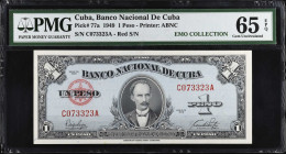 CUBA. Lot of (2). Banco Nacional de Cuba. 1 Peso, 1949-60. P-77a & 77b. PMG Gem Uncirculated 65 EPQ & Gem Uncirculated 66 EPQ.
Estimate $100.00 - $15...