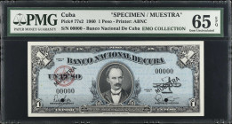 CUBA. Banco Nacional de Cuba. 1 Peso, 1960. P-77s2. Specimen. PMG Gem Uncirculated 65 EPQ.
Estimate $150.00 - $250.00