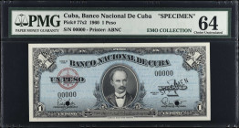 CUBA. Banco Nacional de Cuba. 1 Peso, 1960. P-77s2. Specimen. PMG Choice Uncirculated 64.
Estimate $100.00 - $200.00