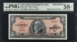 CUBA. Banco Nacional de Cuba. 5 Pesos, 1949. P-78s1. Specimen. PMG Choice About Uncirculated 58 EPQ.
Estimate $100.00 - $200.00