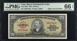 CUBA. Banco Nacional de Cuba. 20 Pesos, 1958. P-80b. PMG Gem Uncirculated 66 EPQ.
Estimate $100.00 - $200.00