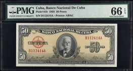 CUBA. Banco Nacional de Cuba. 50 Pesos, 1958. P-81b. PMG Gem Uncirculated 66 EPQ.
Estimate $50.00 - $100.00