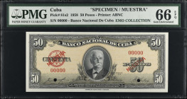 CUBA. Banco Nacional de Cuba. 50 Pesos, 1958. P-81s2. Specimen. PMG Gem Uncirculated 66 EPQ.
Estimate $100.00 - $200.00