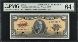 CUBA. Banco Nacional de Cuba. 50 Pesos, 1960. P-81s3. Specimen. PMG Choice Uncirculated 64 EPQ.
Estimate $100.00 - $200.00