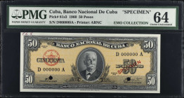 CUBA. Lot of (3). Banco Nacional de Cuba. 50 Pesos, 1960. P-81s3. Specimens. PMG Choice Uncirculated 64.
PMG comments "Annotation" on one of the note...