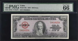 CUBA. Banco Nacional de Cuba. 100 Pesos, 1958. P-82c. PMG Gem Uncirculated 66.
Estimate $100.00 - $200.00