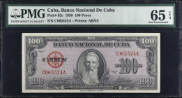 CUBA. Banco Nacional de Cuba. 100 Pesos, 1958. P-82c. PMG Gem Uncirculated 65 EPQ.
Estimate $100.00 - $200.00