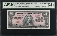 CUBA. Banco Nacional de Cuba. 500 Pesos, 1950. P-83s. Specimen. PMG Choice Uncirculated 64 EPQ.
One of just nine examples graded by PMG for the type....
