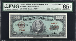 CUBA. Banco Nacional de Cuba. 1000 Pesos, 1950. P-84s. Specimen. PMG Gem Uncirculated 65 EPQ.
PMG Pop 2/4 Finer.
Estimate $500.00 - $1000.00