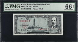 CUBA. Lot of (2). Banco Nacional de Cuba. 1 Peso, 1957. P-87b. PMG Gem Uncirculated 66 EPQ.
Estimate $75.00 - $150.00
