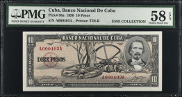 CUBA. Banco Nacional de Cuba. 10 Pesos, 1956. P-88a. Low Serial Number. PMG Choice About Uncirculated 58 EPQ.
Three digit serial number.
Estimate $7...