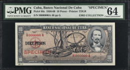 CUBA. Banco Nacional de Cuba. 10 Pesos, 1960. P-88s. Specimen. PMG Choice Uncirculated 64.
Estimate $50.00 - $100.00