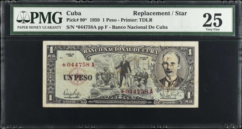 CUBA. Banco Nacional de Cuba. 1 Peso, 1959. P-90*. Replacement. PMG Very Fine 25...