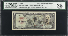 CUBA. Banco Nacional de Cuba. 1 Peso, 1959. P-90*. Replacement. PMG Very Fine 25.
Estimate $100.00 - $200.00