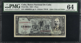 CUBA. Banco Nacional de Cuba. 1 Peso, 1959. P-90a. Low Serial Number. PMG Choice Uncirculated 64.
Serial number 99.
Estimate $150.00 - $250.00