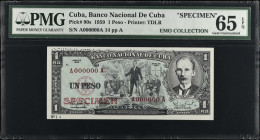 CUBA. Lot of (2). Banco Nacional de Cuba. 1 Peso, 1959. P-90s. Specimens. PMG Gem Uncirculated 65 EPQ.
Estimate $150.00 - $250.00