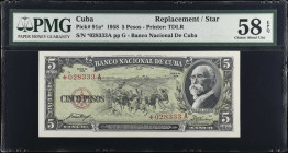 CUBA. Lot of (3). Banco Nacional de Cuba. 5 Pesos, 1958. P-91a*. Replacements. PMG Choice Very Fine 35 EPQ to Choice About Unc 58 EPQ.
A trio of repl...