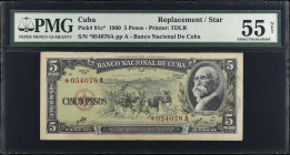CUBA. Lot of (2). Banco Nacional de Cuba. 5 Pesos, 1960. P-91c*. Replacements. PMG Extremely Fine 40 & About Uncirculated 55 Net. Stained.
PMG commen...