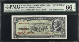 CUBA. Banco Nacional de Cuba. 5 Pesos, 1958-60. P-91s. Specimen. PMG Gem Uncirculated 66 EPQ.
Estimate $100.00 - $200.00
