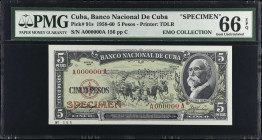 CUBA. Banco Nacional de Cuba. 5 Pesos, 1958-60. P-91s. Specimen. PMG Gem Uncirculated 66 EPQ.
Estimate $100.00 - $200.00