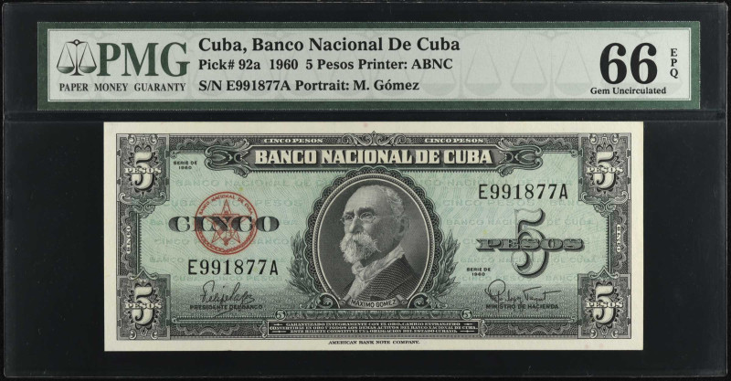 CUBA. Banco Nacional de Cuba. 5 Pesos, 1960. P-92a. PMG Gem Uncirculated 66 EPQ....