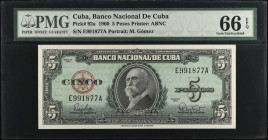 CUBA. Banco Nacional de Cuba. 5 Pesos, 1960. P-92a. PMG Gem Uncirculated 66 EPQ.
Estimate $100.00 - $200.00