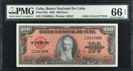 CUBA. Lot of (2). Banco Nacional de Cuba. 100 Pesos, 1959. P-93a. PMG Choice About Uncirculated 58 EPQ & Gem Uncirculated 66 EPQ.
Estimate $100.00 - ...