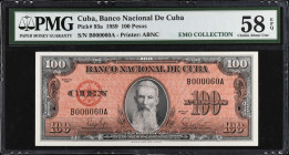 CUBA. Banco Nacional de Cuba. 100 Pesos, 1959. P-93a. Low Serial Number. PMG Choice About Uncirculated 58 EPQ.
Two digit serial number.
Estimate $10...