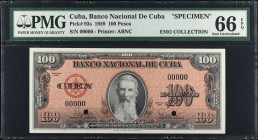 CUBA. Banco Nacional de Cuba. 100 Pesos, 1959. P-93s. Specimen. PMG Gem Uncirculated 66 EPQ.
Estimate $100.00 - $200.00