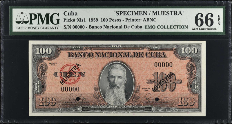 CUBA. Banco Nacional de Cuba. 100 Pesos, 1959. P-93s1. Specimen. PMG Gem Uncircu...