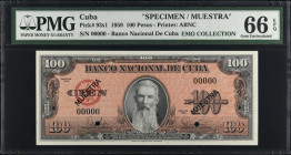 CUBA. Banco Nacional de Cuba. 100 Pesos, 1959. P-93s1. Specimen. PMG Gem Uncirculated 66 EPQ.
Estimate $125.00 - $225.00