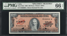 CUBA. Banco Nacional de Cuba. 100 Pesos, 1960. P-93s2. Specimen. PMG Gem Uncirculated 66 EPQ.
Scarcer signature variety.
Estimate $300.00 - $500.00