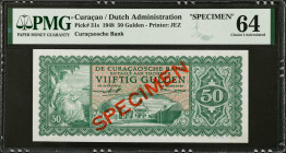 CURACAO. De Curacaosche Bank. 50 Gulden, 1948. P-31s. Specimen. PMG Choice Uncirculated 64.
Printed by JEZ. Red Specimen overprint. Just three exampl...